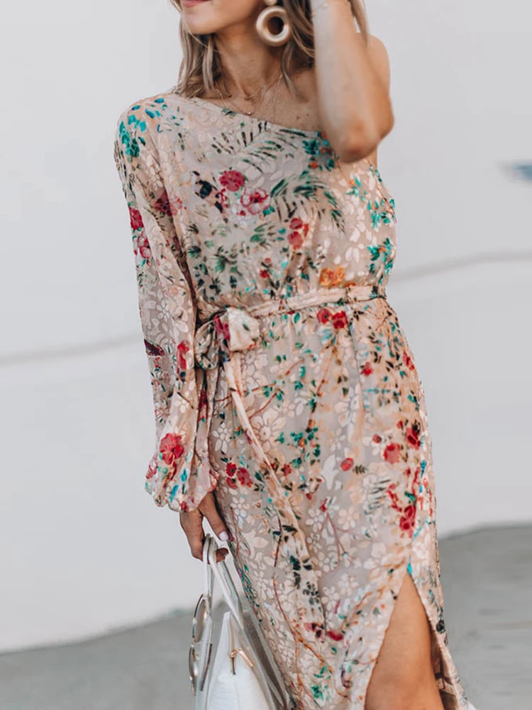 

Elegant Print Off Shoulder Party Dress Sexy Diagonal Collar Long Sleeve Holiday Dress Fashion Women Slit Bow Casual Dress Robe