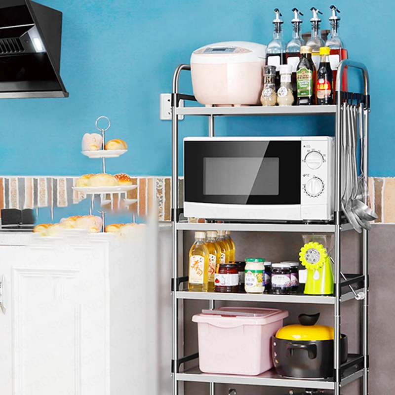 

New Moveable Stainless Steel Kitchen Storage Rack Floor Stand Microwave Oven Shelf Storage Rack Pot Oven Home Kitchen Organizer