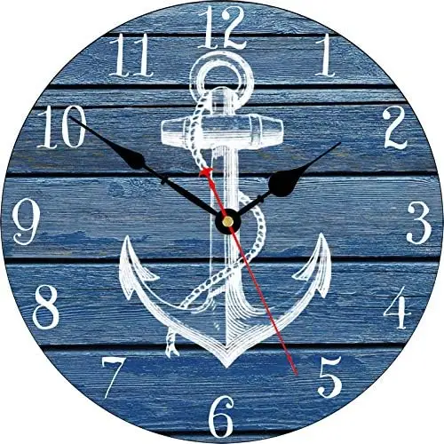 

30 cm Azul Ancla Timón Reloj de Pared, Silencioso Vintage Náutico Relojes, Redondo Retro Madera Reloj de Pared para Cocina/Sal