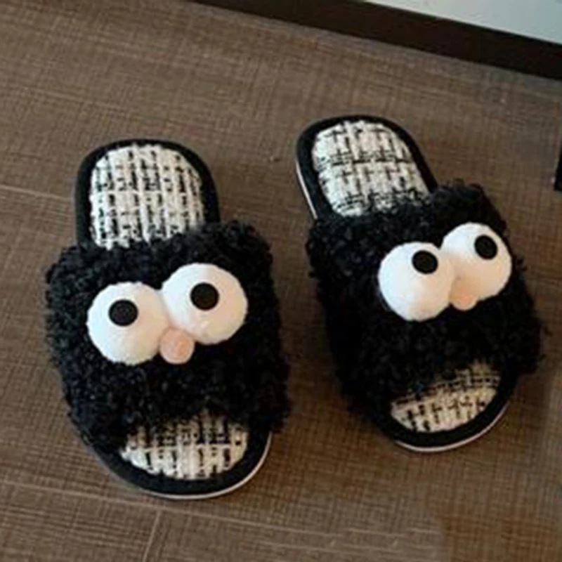 Пушистые меховые тапочки для глаз женские домашние нескользящие милые хлопковые