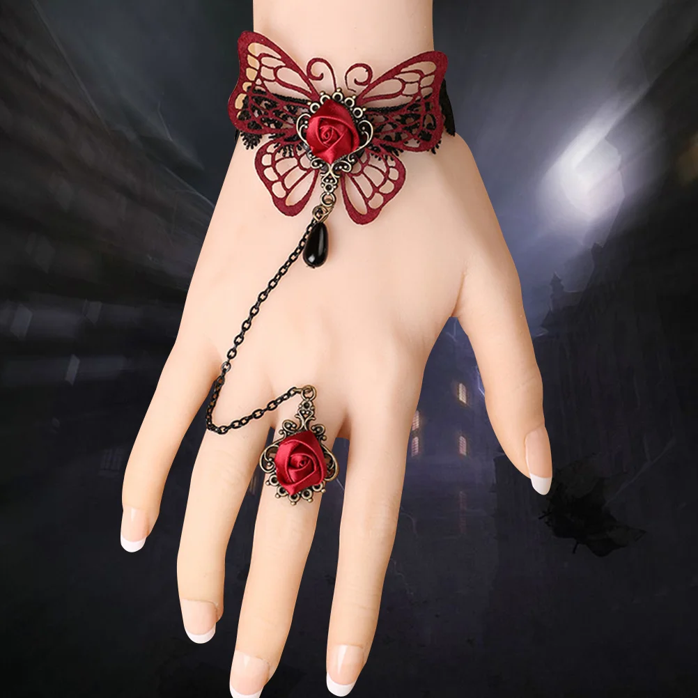 

Retro Gothic Lolita Lace Bracelet with Ring Red Lace Wristband Slave Bracelets Ring Set (Red)