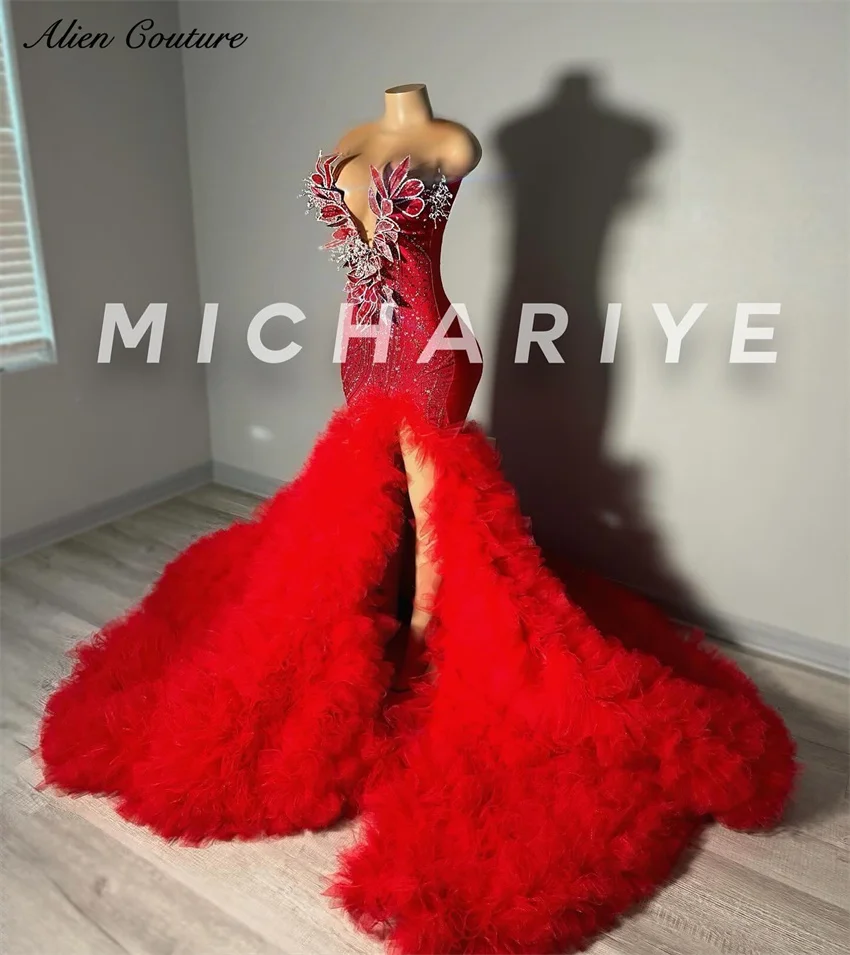 Новый дизайн 2021 красное платье русалки для выпускного вечера с разрезом по бокам