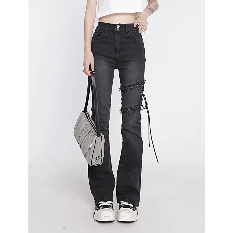 

Women's Clothing Flare Jeans Black Lacing High Waist Stretchy Self Cultivation Vintage Casual Baggy Ladies Denim Trouser Summer