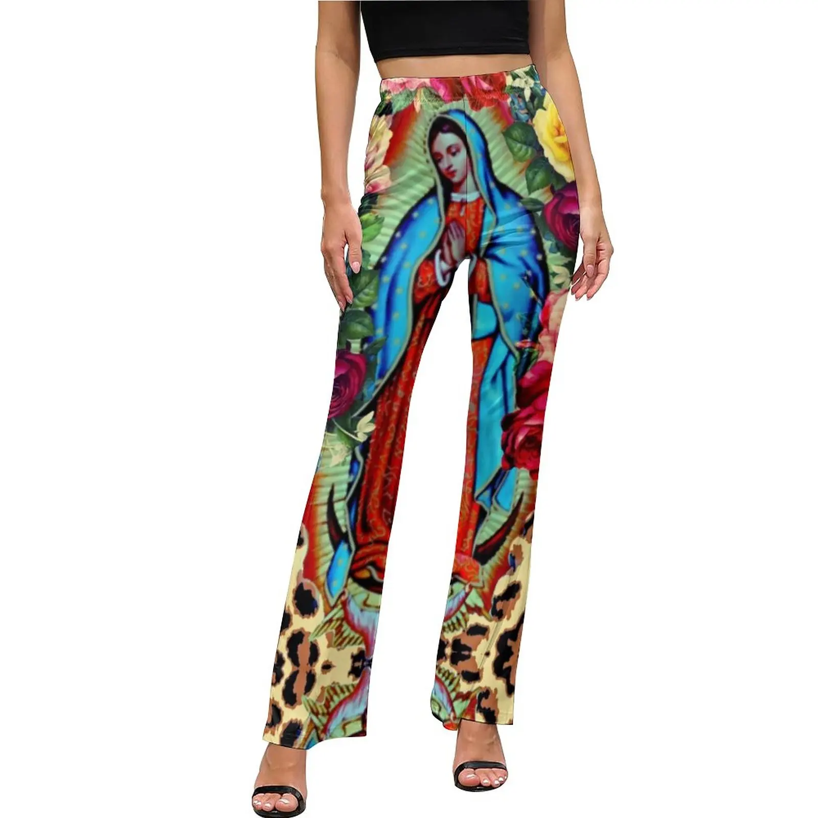 

Virgin Mary Pants Leopard Print Elastic Waist Elegant Flared Trousers Summer Custom Street Fashion Pants Gift Idea
