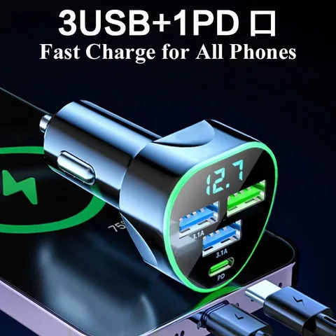 Автомобильное зарядное устройство UYUXIO USB C, сверхбыстрая зарядка в автомобиле со светодиодным дисплеем напряжения для iPhone Samsung Huawei Oneplus Android Phone