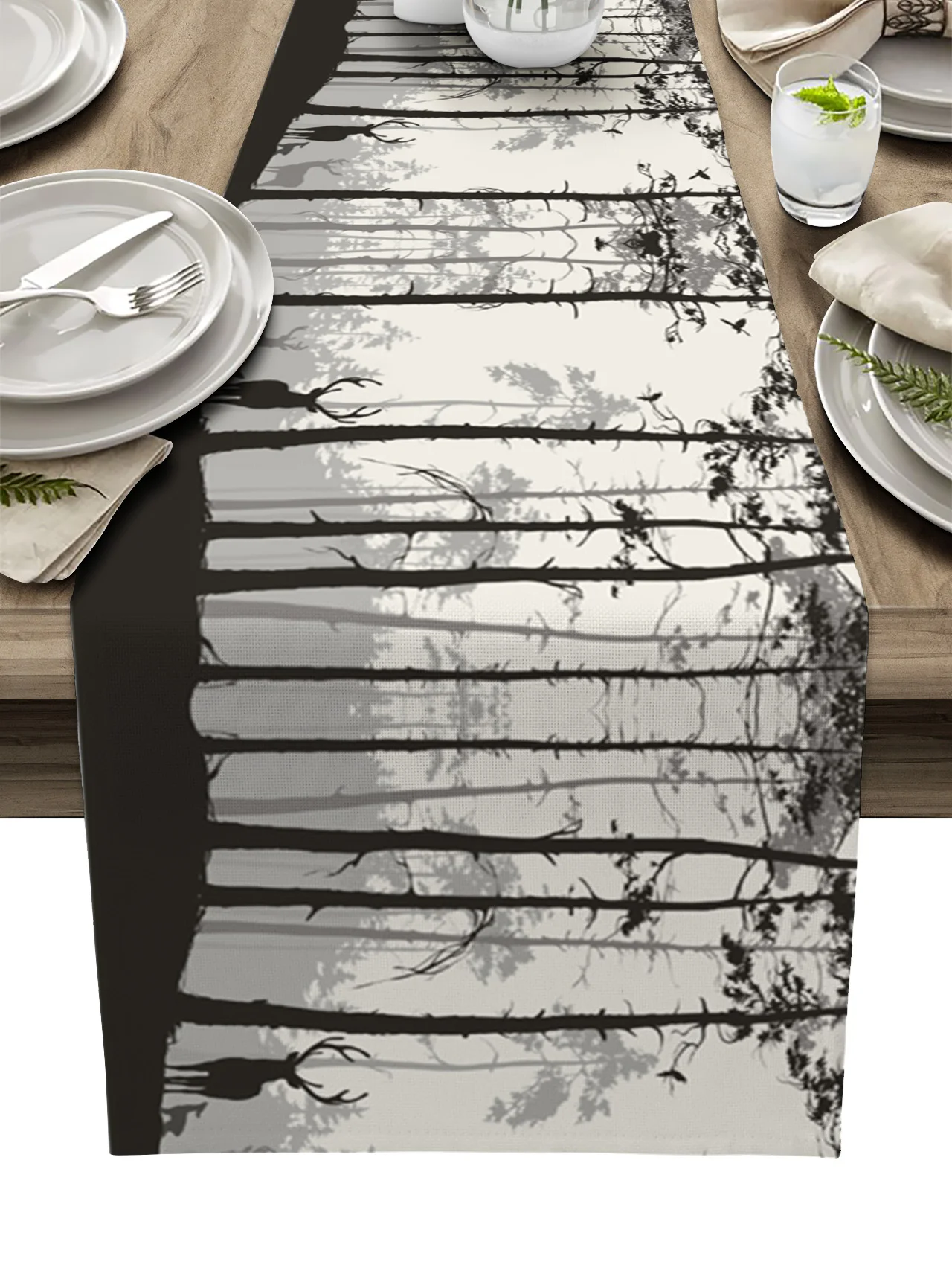 

Сервировочная настольная дорожка с силуэтом оленя и сосны, свадебное украшение, декоративная хлопковая льняная настольная дорожка