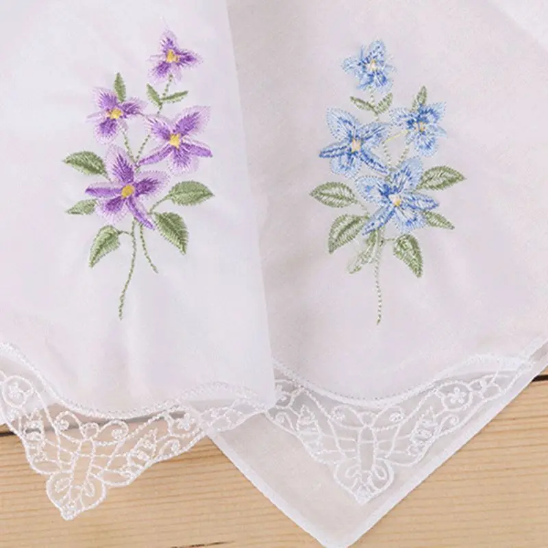 

3Pcs/Set Women Basic White Square Handkerchief Floral Embroidered Pocket Hanky Butterfly Lace Cotton Baby Bibs Portable Towel