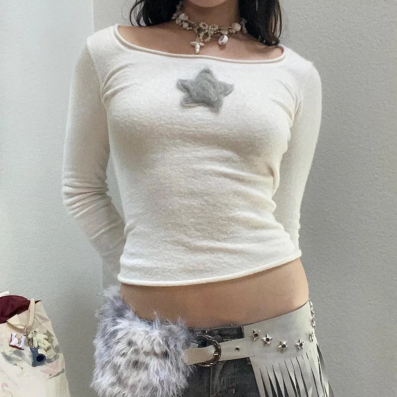 

Stars Stitching Bottoming T-shirt Women's Vintage Tops Fairy Grunge Graphic Early Autumn Clothes Cyber Y2k Slim Long Sleeve Tops