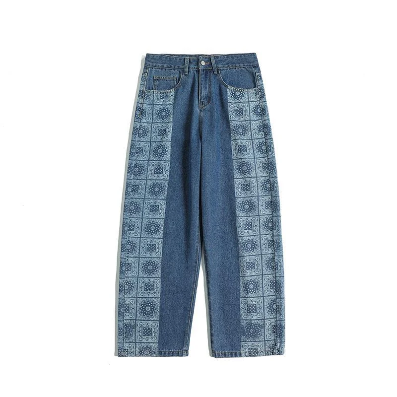 DEEPTOWN Printed Straight Jeans Men Fashion Loose Denim Pants Retro Casual Trousers Male Streetwear Hip Hop Korean Style Spring