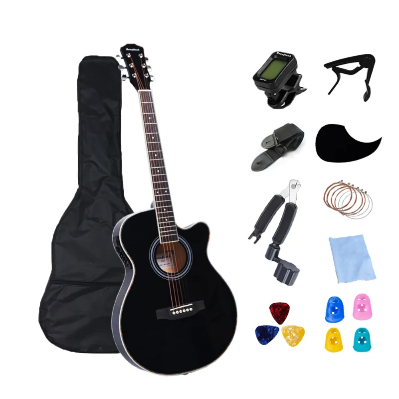 

40 дюймов Акустическая электрическая гитара основание для начинающих 6 стальных струн набор гитары тюнер каподастр ремень сумка Струнные ин...