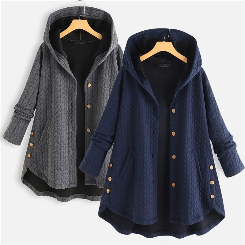 2022 Women Cotton Coats Ladies Patchwork Button Jackets new 2xl 3xl Female Knitted Plush Coat Hooded Top Outerwear