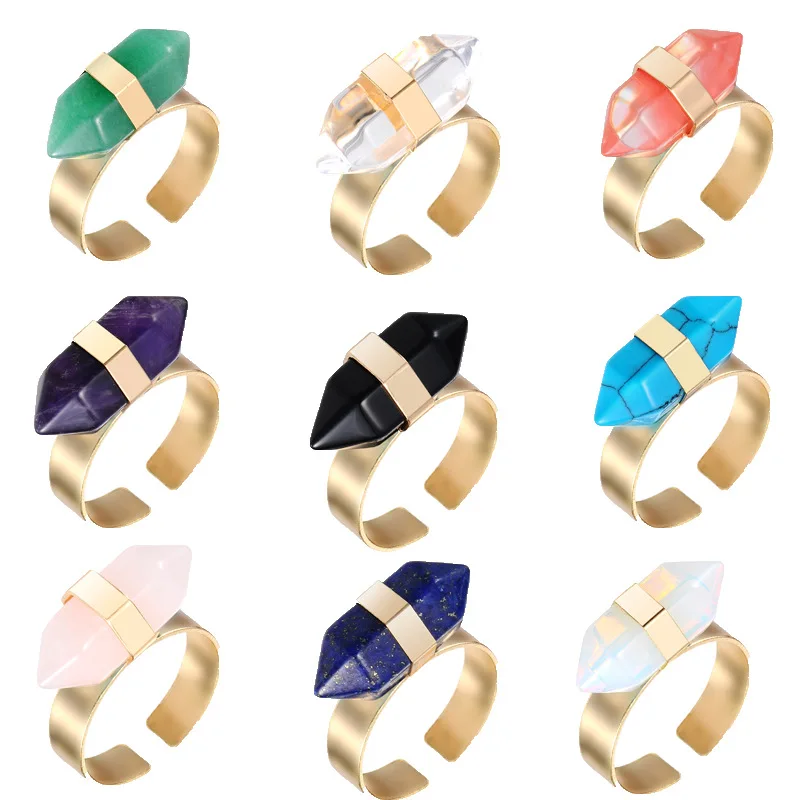 

2022 Hexagonal Column Natural Stone Rings for Women Delicate Jewelry Bullet Open Shank Engagement Wedding Party Birthday Gifts