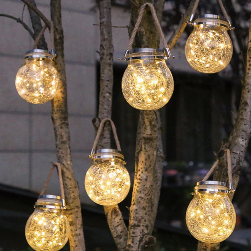 

Solar Outdoor Courtyard Light Home Balcony Decoration LED Solar Lamps Copper Wire Landscape Glass Cracked Ball Hanging Light