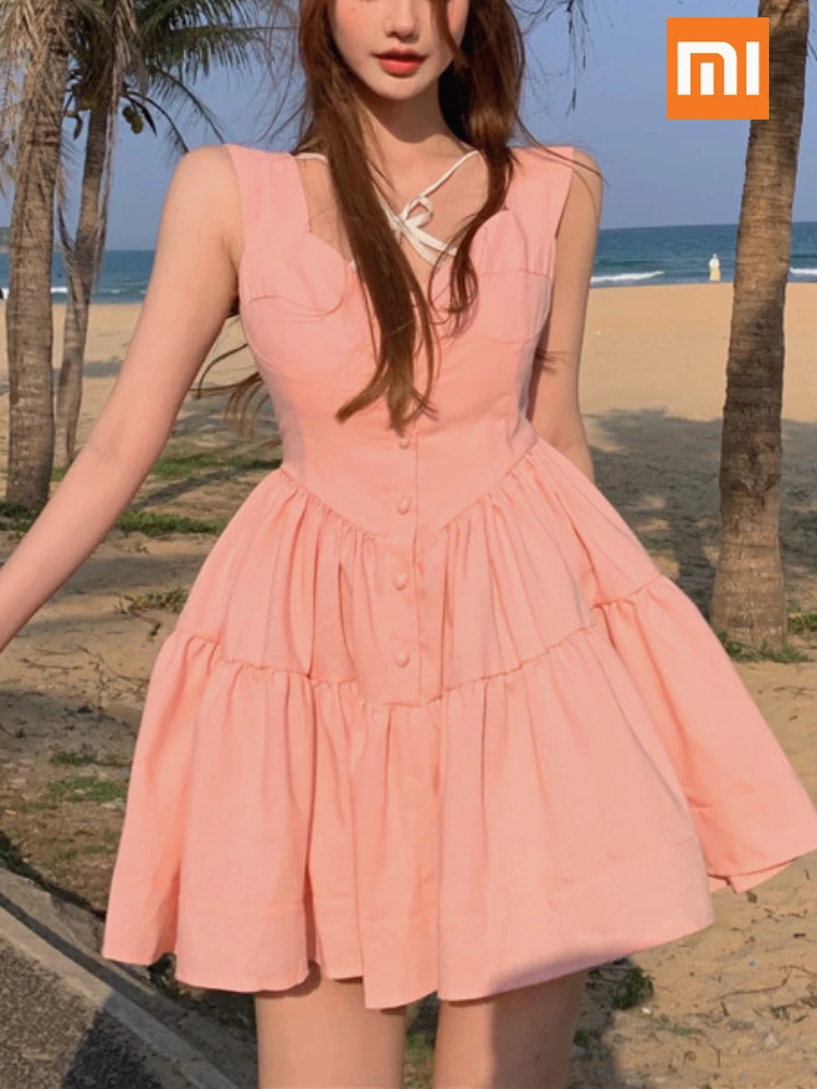 

XIAOMI Pink Sexy Party Dress Women Summer Elegant Patchwork Mini Dresses Beach High Waist Sleeveless Sweet Korean Retro Dresses
