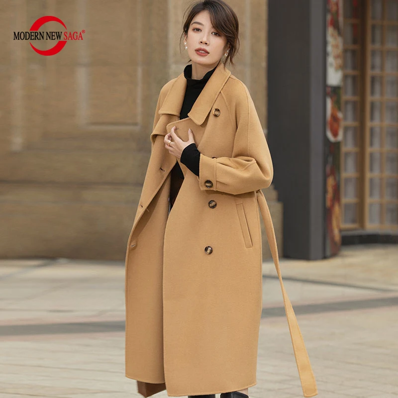 

MODERN NEW SAGA Women Coat Winter 100% Wool Autumn Woolen Long Coat Warm Wool Long Jackets Overcoat Female Cashmere Trench Coat