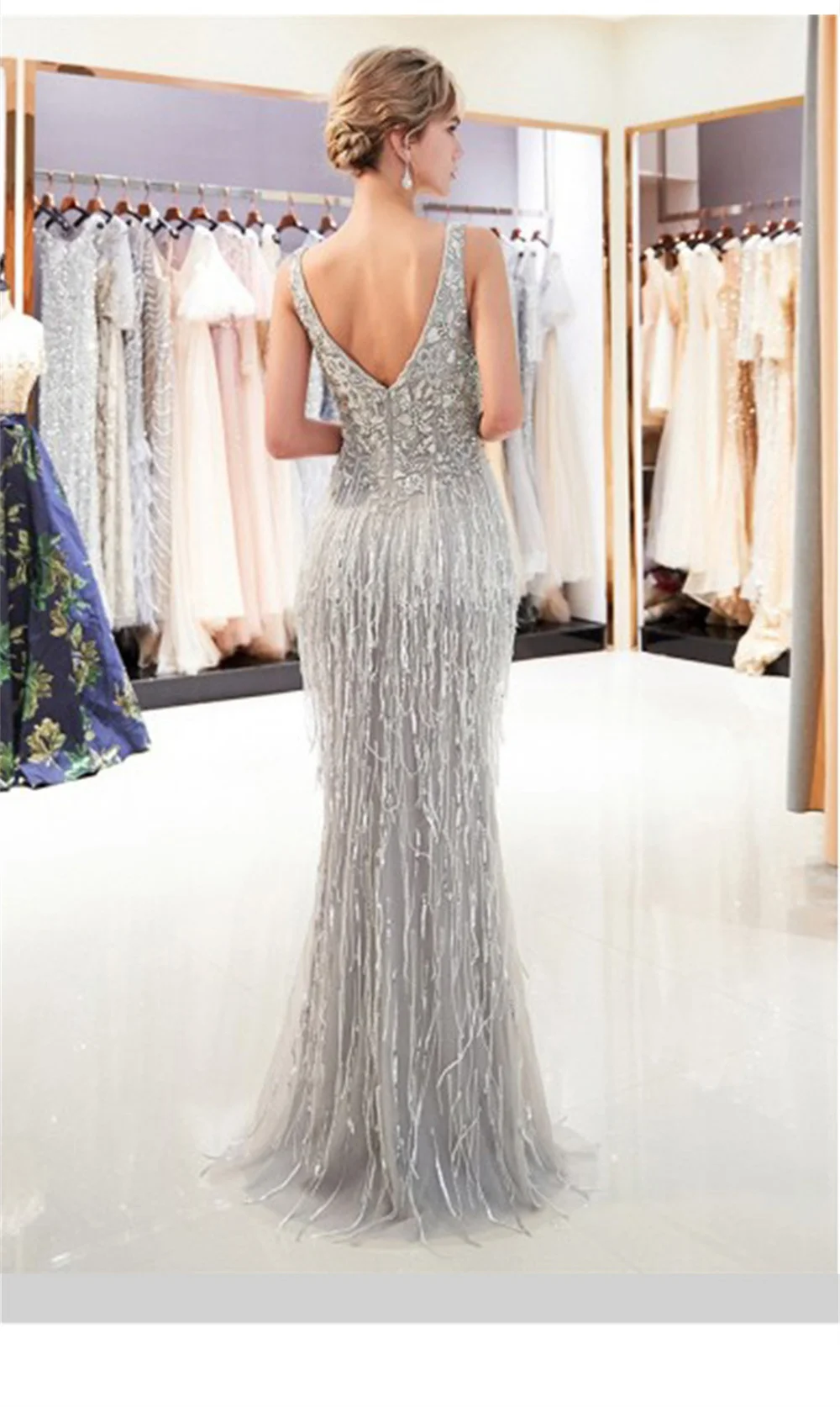 2022 Women Elegant Gown Sexy Shiny Sequins Tassel Deep V-neck Spaghetti Sleeveless Backless Bodycon Fashion Evening Dresses