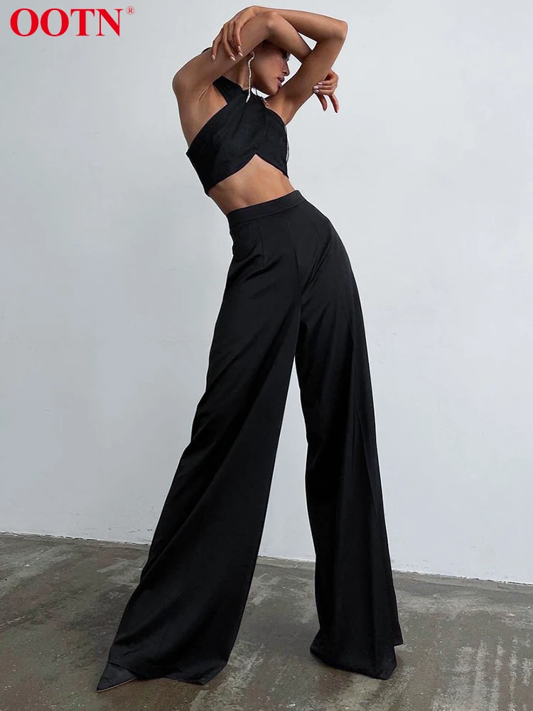 

OOTN Elegant Black Satin Wide Leg Pants Women 2022 Fashion Streetwear High Waist Trousers Autumn Solid All-Match Baggy Pants