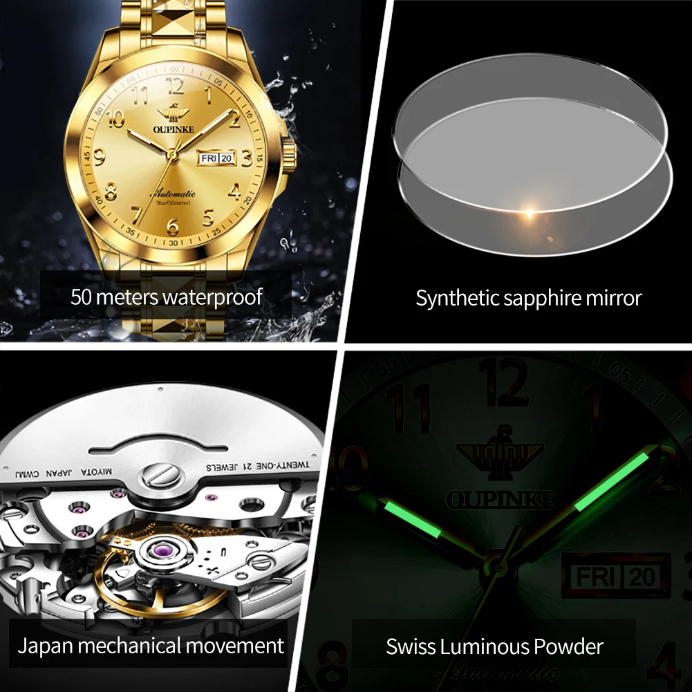 OUPINKE Luxury Digital Gold Couple Watch luminous Fashion Business Automatic Mechanical Necklace Bracelet Couple Watch Set