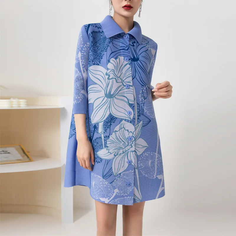 

Miyake плиссированное платье большого размера с принтом 2022 летнее Новое однобортное свободное платье миди с квадратным воротником Y2k платье