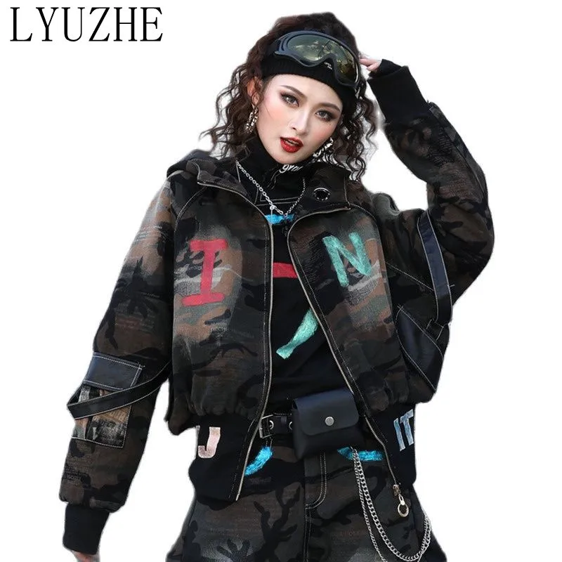 

LYUZHE 2021 Winter Personalized Hooded Top Thick Street Style Fashion Printed Camouflage And Cotton Denim Jacket TT169L