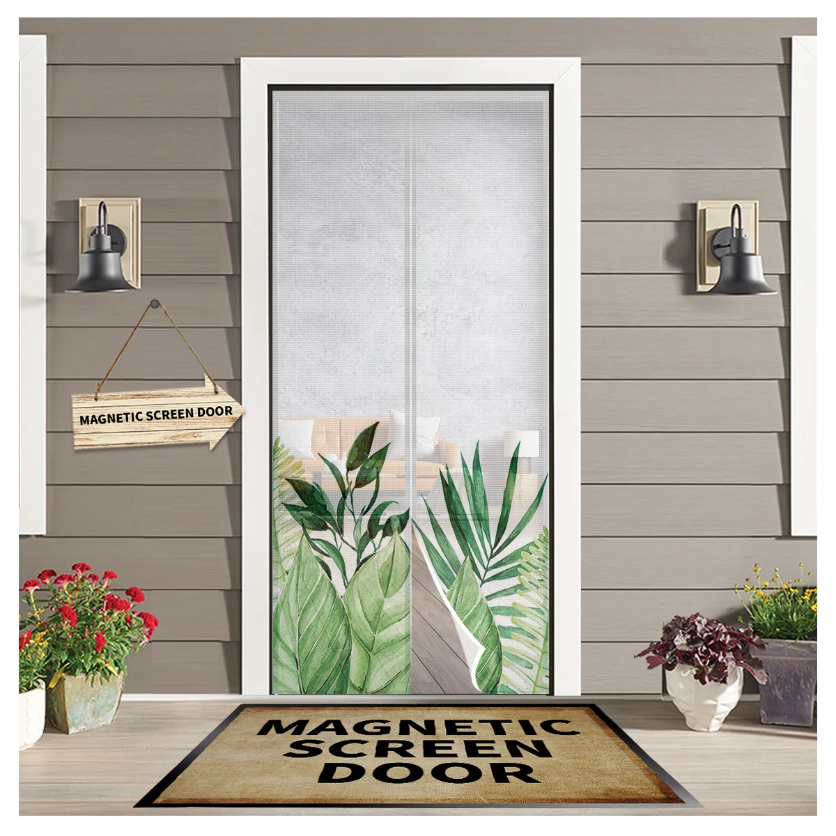 

Summer Green Tropical Plants Leaves Magnetic Net Door Screen Mesh Automatic Closing Anti Mosquito Insect Door Curtain