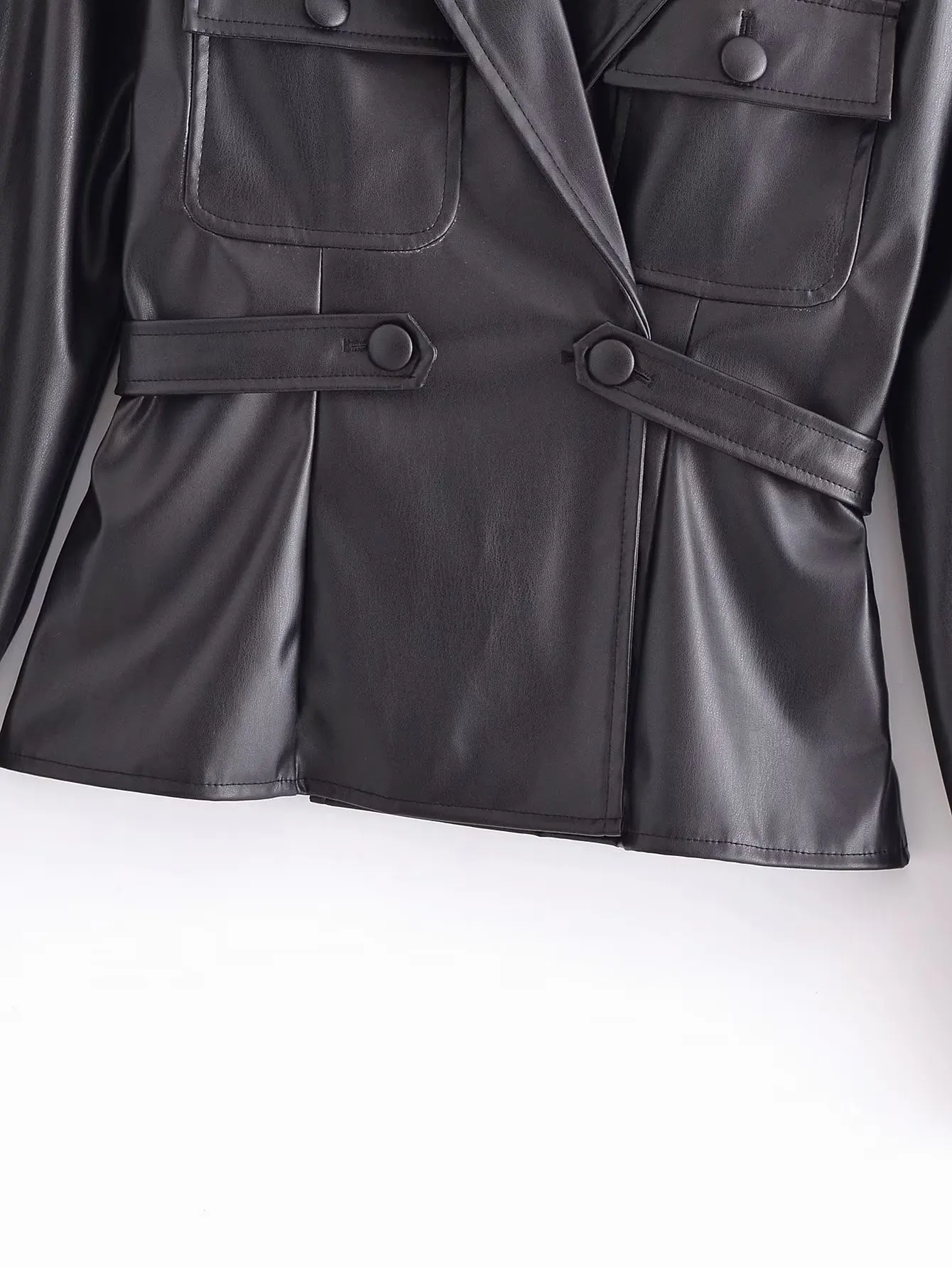 Women Faux PU Leather Jacket Metal Single Button Vintage Long Sleeve Blazers Pockets Female Black Suit Coat 2022 New Women Coat