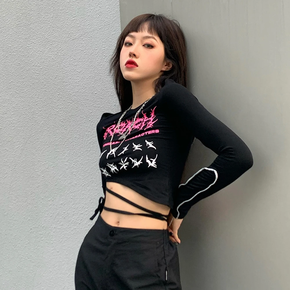 

Dark Harajuku Design Irregular Slim Long Sleeve Top Sexy Hot Girl Short Navel T-Shirt