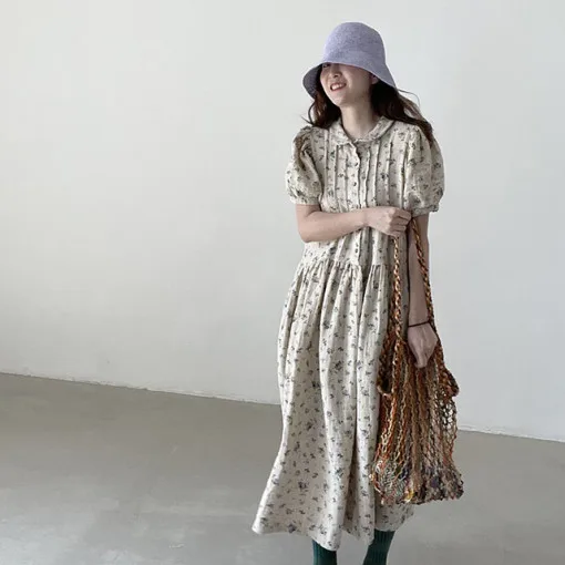 

SuperAen 2022 Summer Plus Size Loose Floral Printing Peter Pan Collar Puff Sleeve A-LINE Casual Ankle-Length Dress for Women