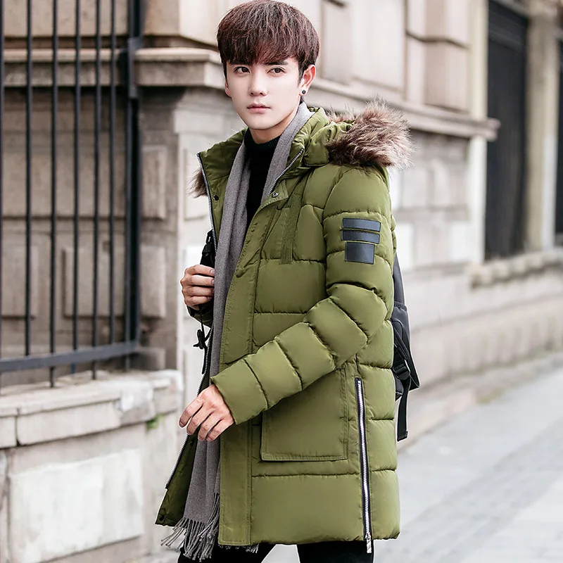 Winter Men's Cotton Coat Thickened Hooded Mid-length Fur Collar Youth Men's Large Size Cotton Coat Down Cotton