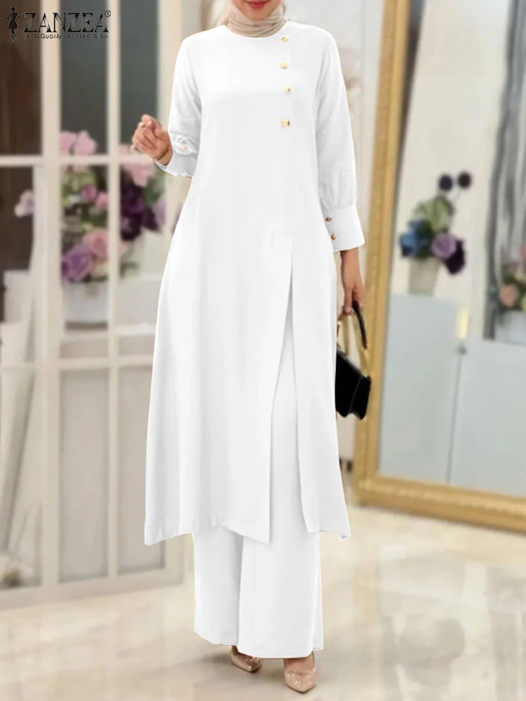 2023 ZANZEA Eid Mubarek Muslim Suit Two Piece Sets Long Sleeve Split Hem Tops Loose Pant Woman Vintage OL Work Urban Tracksuit