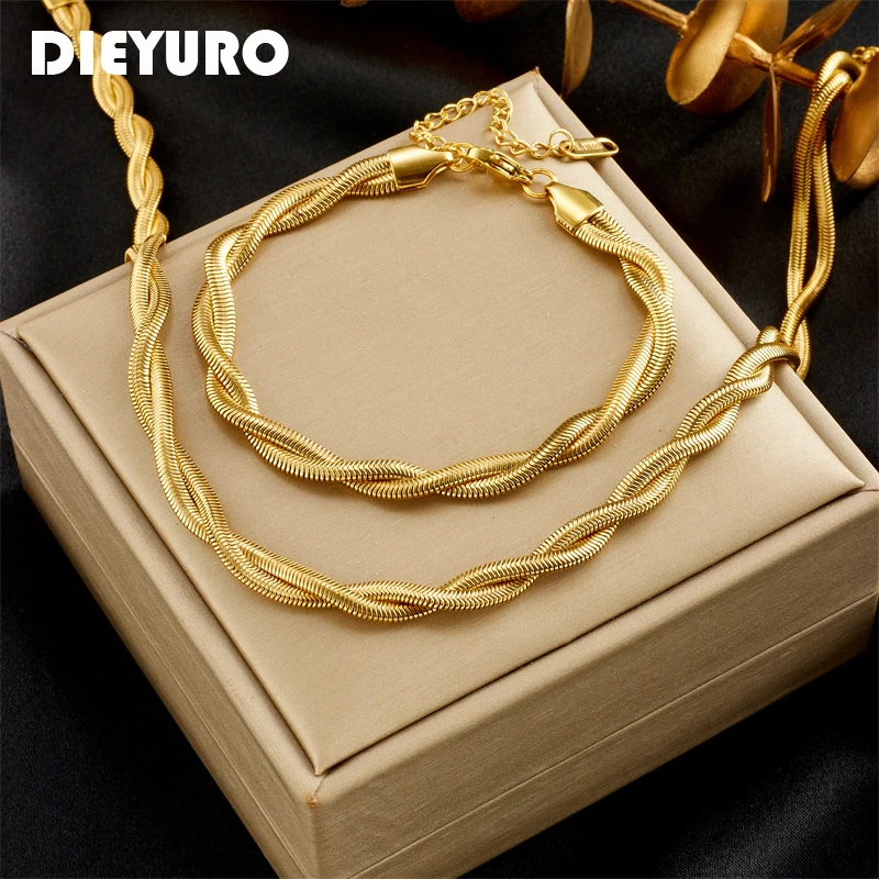 

DIEYURO 316L Stainless Steel Gold Silver Color 2-Chains Crossover Necklace Bracelets For Women Girl New Waterproof Jewelry Set
