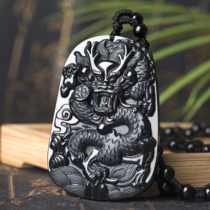 

Burmese Jade Dragon Pendant Amulet Necklace Vintage Luxury Black Gemstones Emerald Jewelry Necklaces Jadeite Natural Real