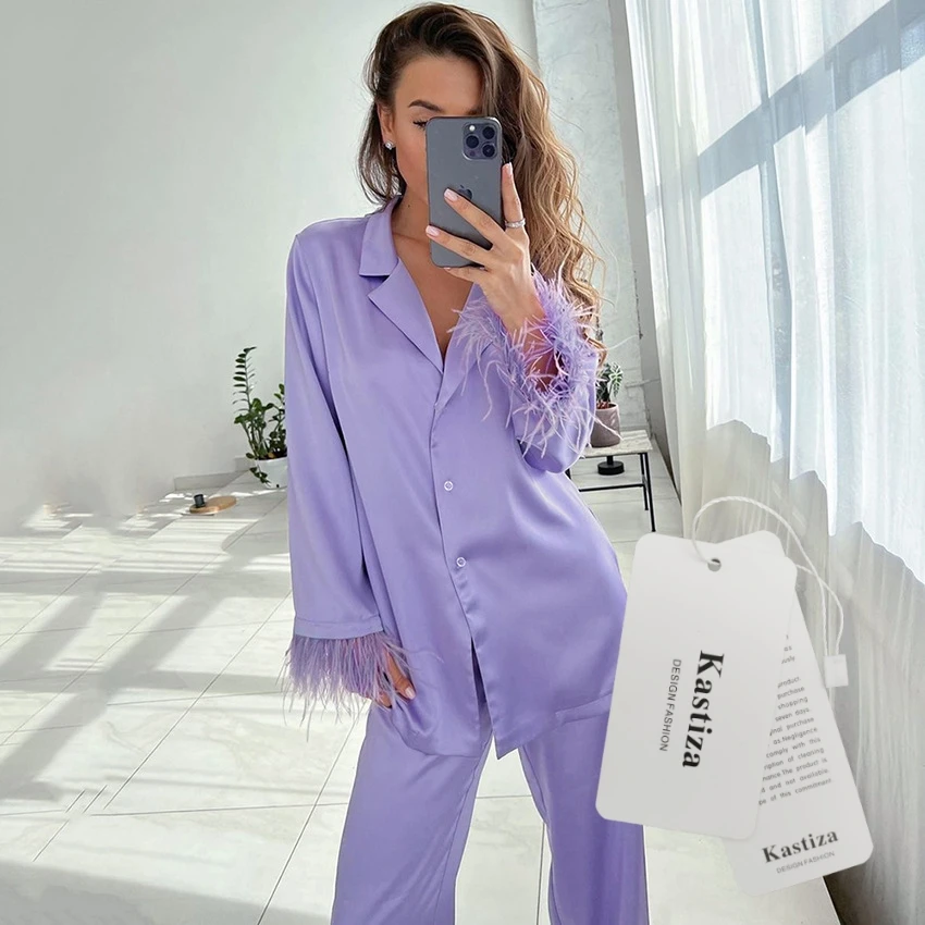 

Kastiza Summer Pajamas Feathers Satin Pajamas For Women Sets Lapel Splicing Sleepwear Women's Suit Single-Breasted Nightwear