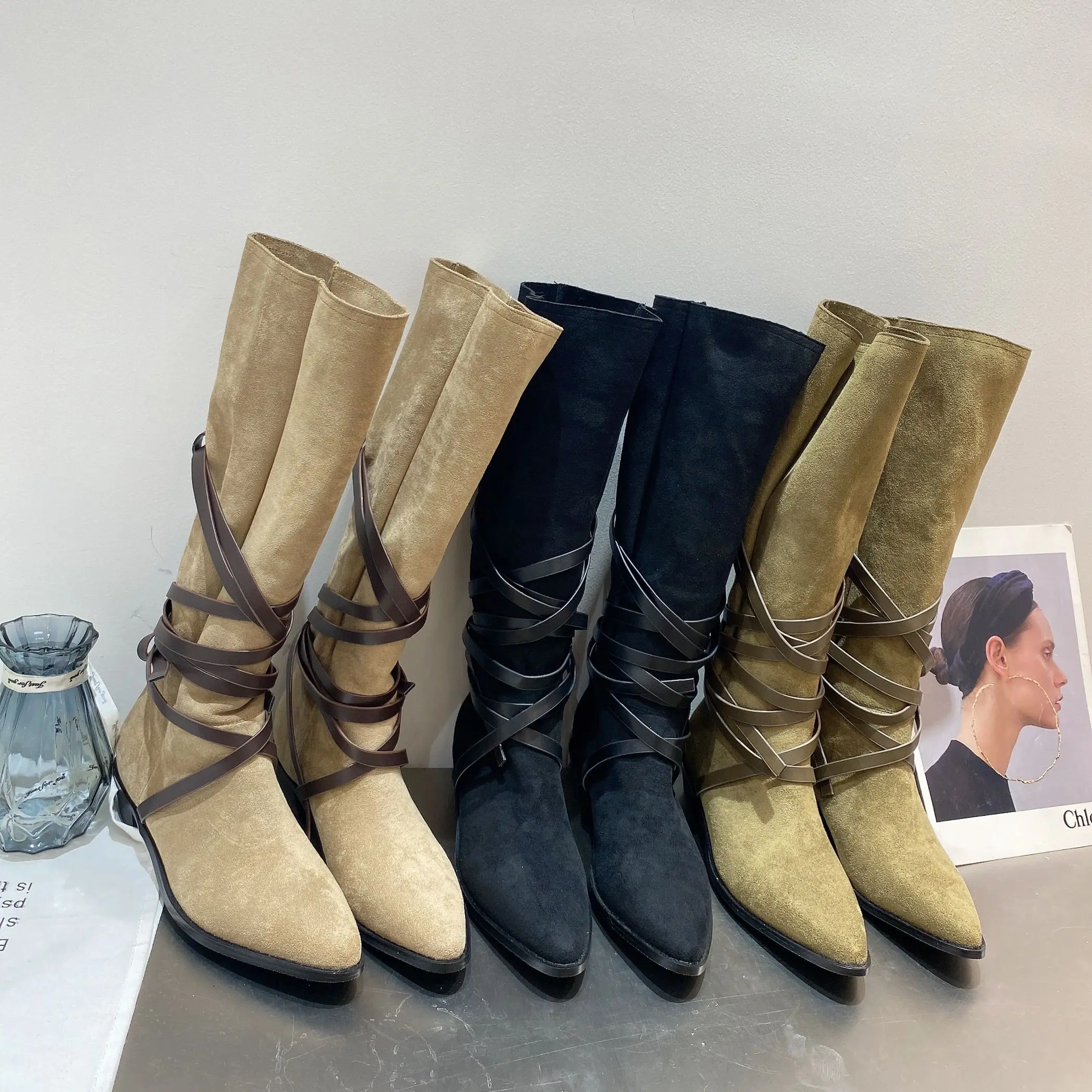 

Xibeilove 2023 Autumn/Winter New Fashion Pointed Strap Breathable and Comfortable High Heel Boots for Women