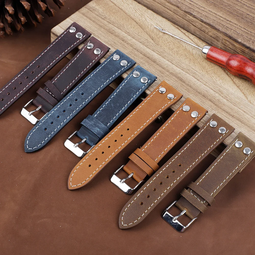

High Quality Genuine Leather Rivets Watchband 18mm 20mm 22mm Vintage Watch Band Replacement Strap Watches Accessories