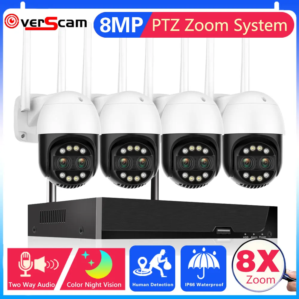 

8X Zoom 4K Wifi PTZ IP Camera with 4CH 8MP POE NVR System Auo Tracking 2 Way Audio CCTV Security Surveillance Camera Kit 8CH