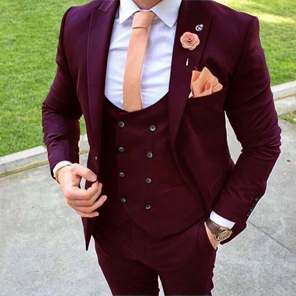 

New Tailor Made Peak Lapel Burgundy Men Suits 2022 Slim Fit Groom Tuxedo 3 Piece Male Blazer +Pant+Vest Costume Homme Mariage