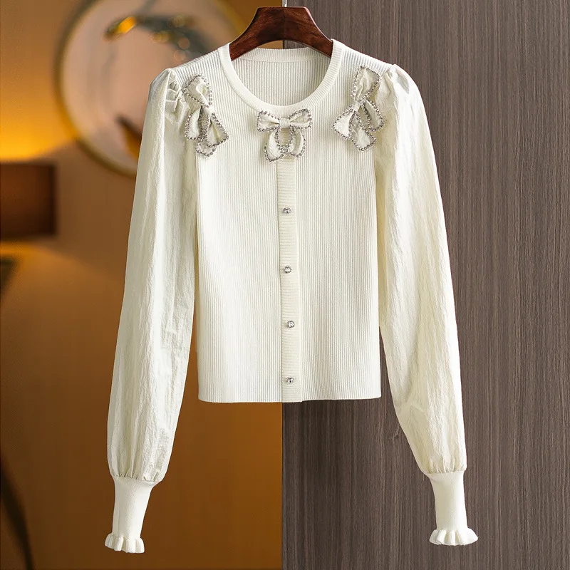 

New 2022 Spring Summer Autumn Knitted Cardigan Ladies Beading Bow Deco Long Sleeve Casual White Black Sweater Cardigan Tops Coat