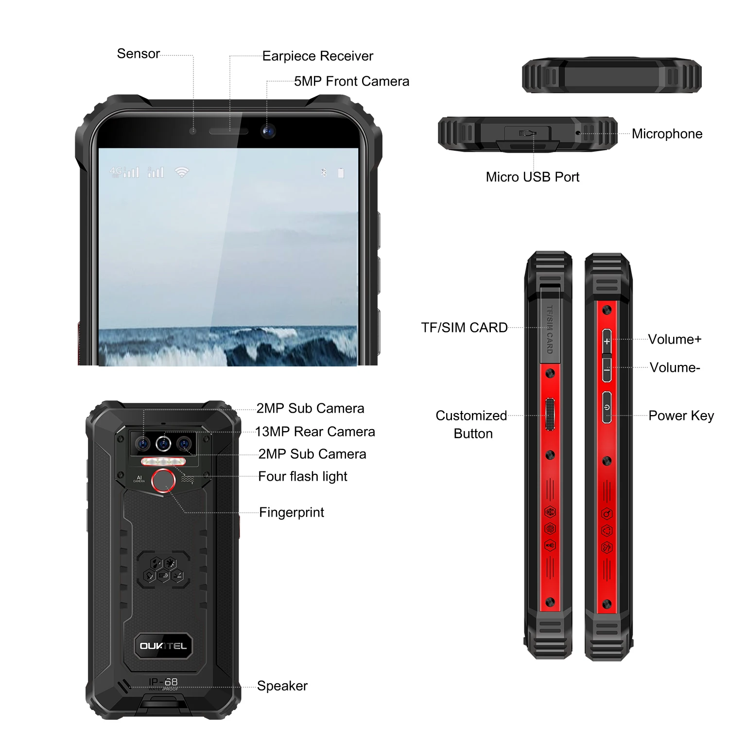 Oukitel WP5 Waterproof  Rugged Smartphone 8000mAh Android 10 4GB 32GB IP68&IP69 5.5''HD+ Quad Core Triple Camera Cell Phone
