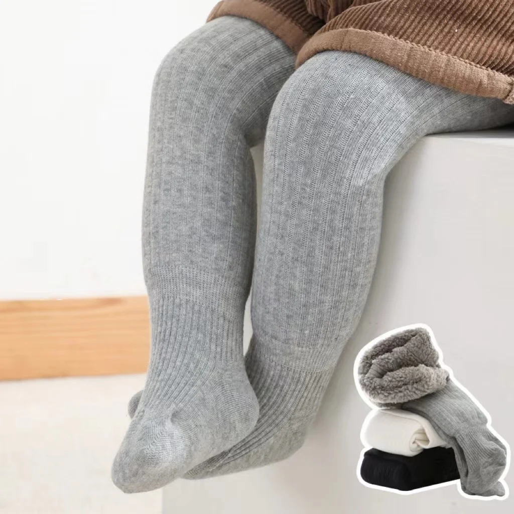 

2021 autumn and winter plus velvet thickening children's pantyhose baby leggings solid color double needle cotton socks