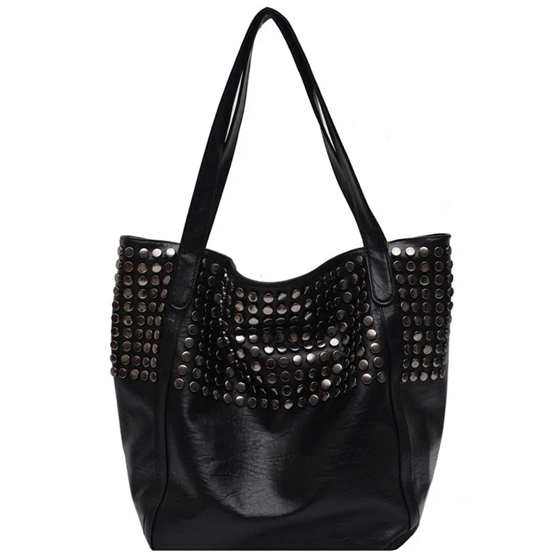 New in Casual Women Handbag And Purse Large Capacity Tote Bag High Quality Lady  Vintag Soft Pu Leather Rivet Shoulder s