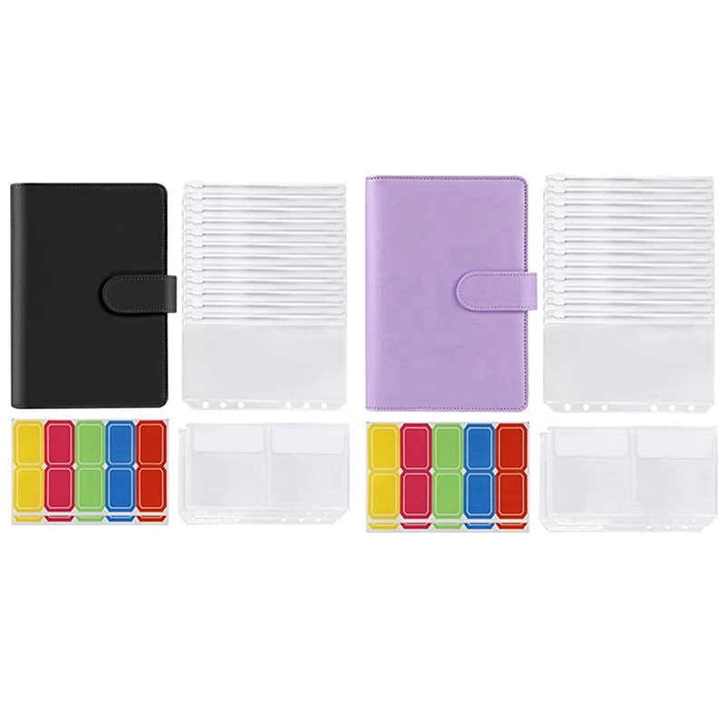 

2Set 14 Binder Bags A6 With Leather Binder Cover, 6 Rings Budget Binder With Cash Envelope,Black & Purple