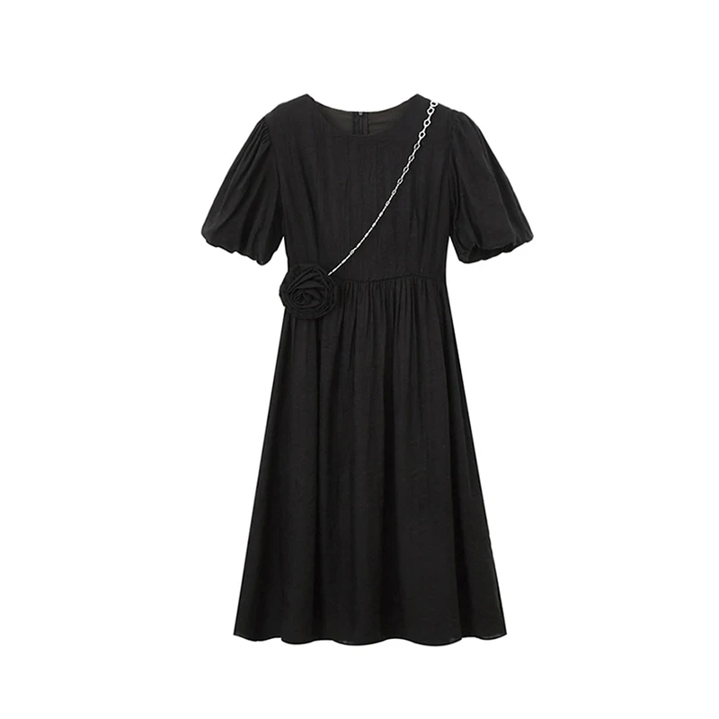 

Black Vintage Midi Dress Elegant Women Dresses Square Collar Puff Sleeve Loose Casual Chain Rose Decoration Sundress Female Robe