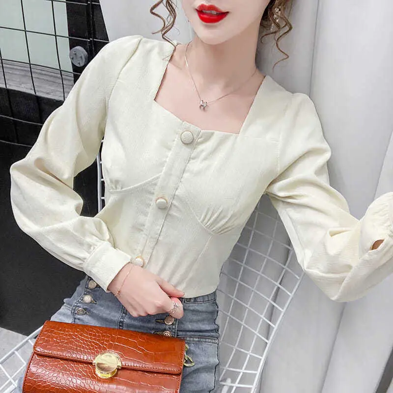 Women Shirt Blouse 'S 2022 Clothing Square Collar Long Sleeve Top Corduroy Blusas Mujer |