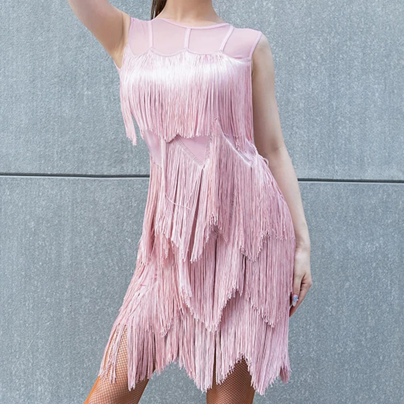 Woman Costume Carnival Fringe Latin Dress for Dancing ONeck Slight Stretch Sleeveless Ruffle Performance Dance Wear Training