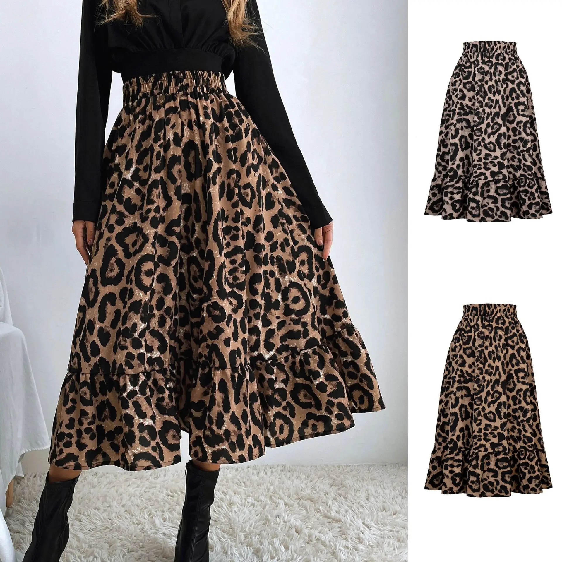 

Fashion And Sexy Skirt Leopard Print High Waist Loose Swing Long Dress For Women Юбка Женская Roupas Femininas Social Elegante