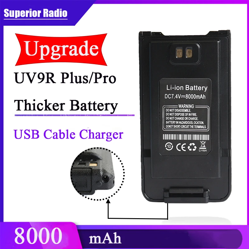2023 NEW Baofeng UV9R Plus Battery UV9R Pro 8000mAh/4800mAh Thicker Li-ion  Walkie Talkie Two Way Radio USB Charger Cable Hole enlarge