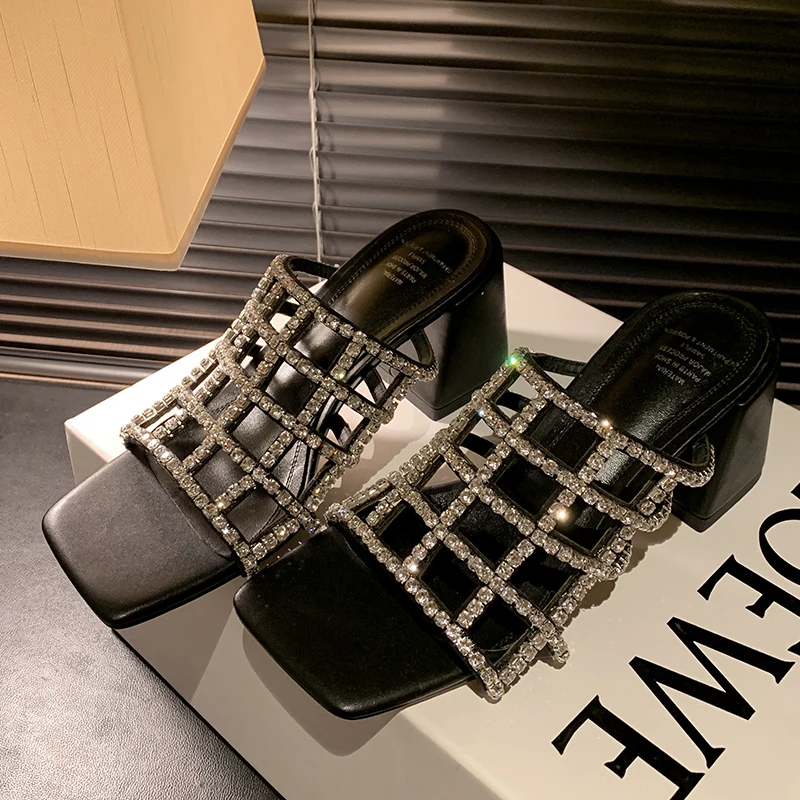 34-40 Large Summer Cowhide Thick Heel Crystal Checkered Women's Slippers High Heel Square Head Simple Women's Slippers