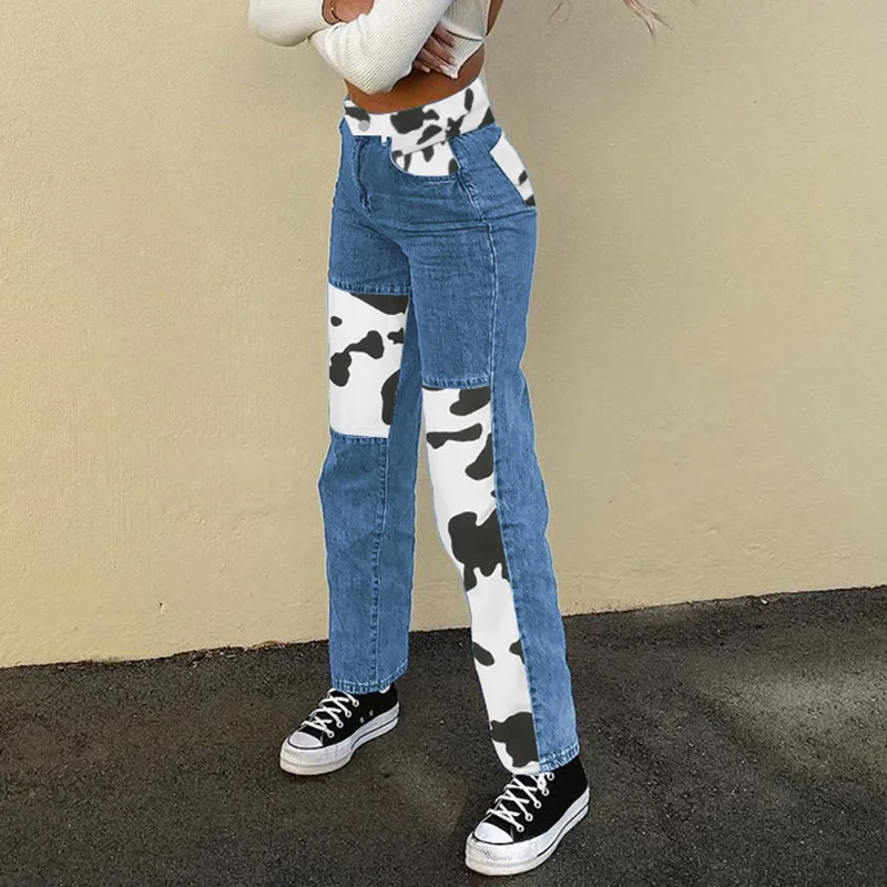 Vintage Milk Cow Print Patchwork Jeans 2023 Spring Women Stripe Straight Style 90s Denim Pants Grunge Fashion Casual Streetwear