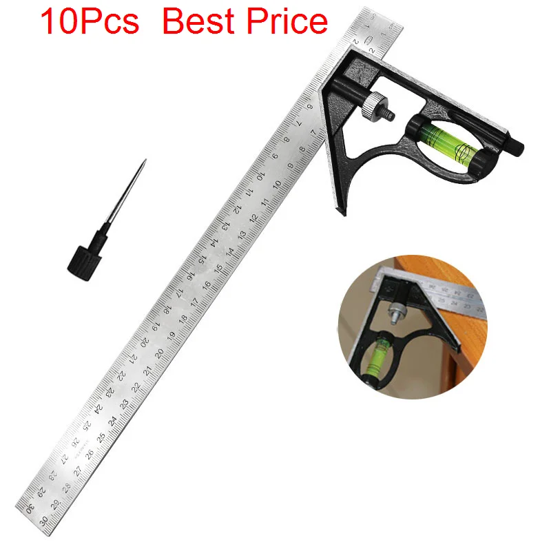 

10Pcs/lot 300mm Stainless Steel Combined Angle Ruler Horizontal Movable Angle Ruler 45 Degree Right Angle Ruler Angle